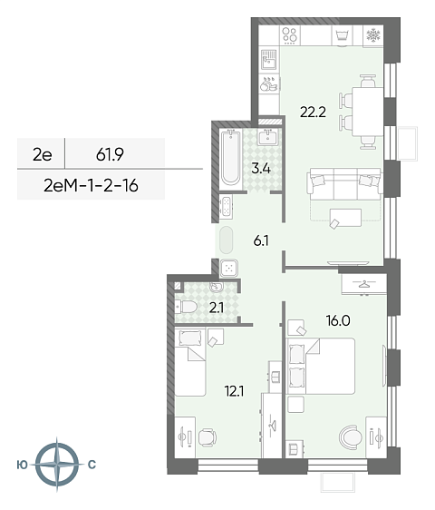 1 комн. квартира, 61.9 м², 12 этаж 
