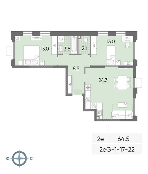 1 комн. квартира, 64.5 м², 20 этаж 