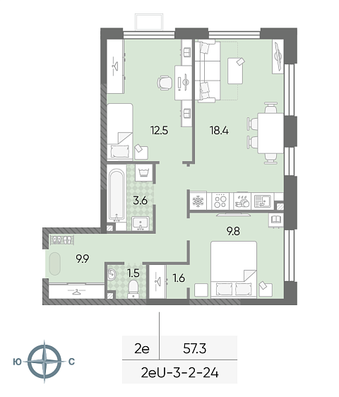 1 комн. квартира, 57.3 м², 17 этаж 
