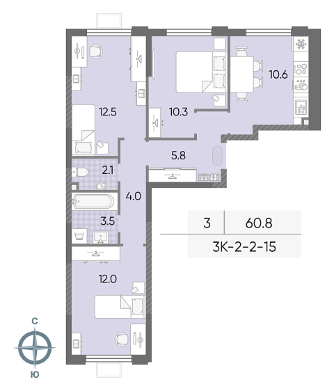 3 комн. квартира, 60.8 м², 4 этаж 