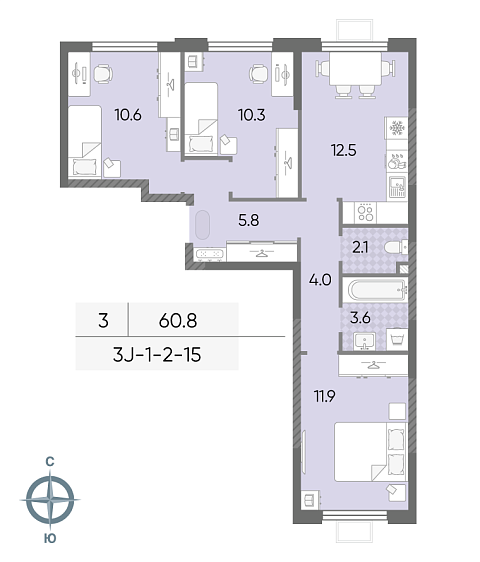 3 комн. квартира, 60.8 м², 5 этаж 