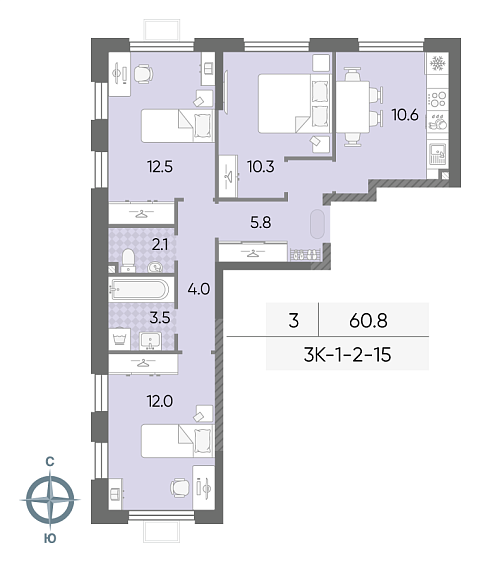 3 комн. квартира, 60.8 м², 5 этаж 