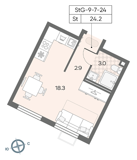 студия, 23.9 м², 24 этаж 