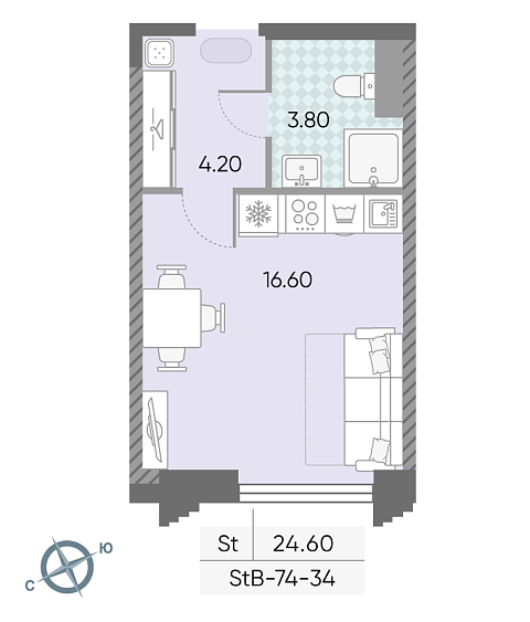 студия, 24.6 м², 34 этаж 