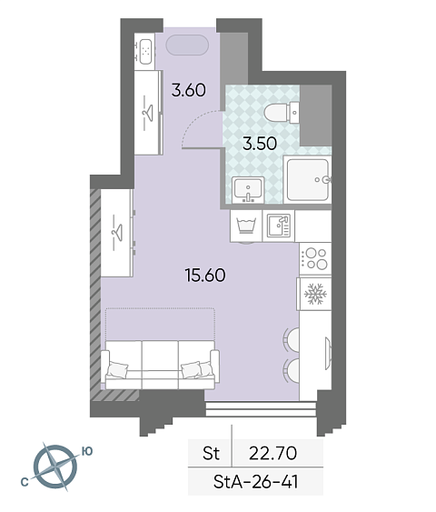 студия, 22.7 м², 41 этаж 