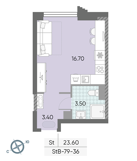 студия, 23.6 м², 36 этаж 