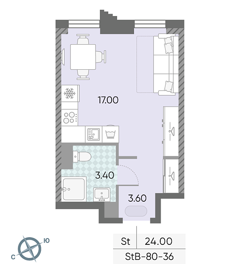 студия, 24 м², 36 этаж 