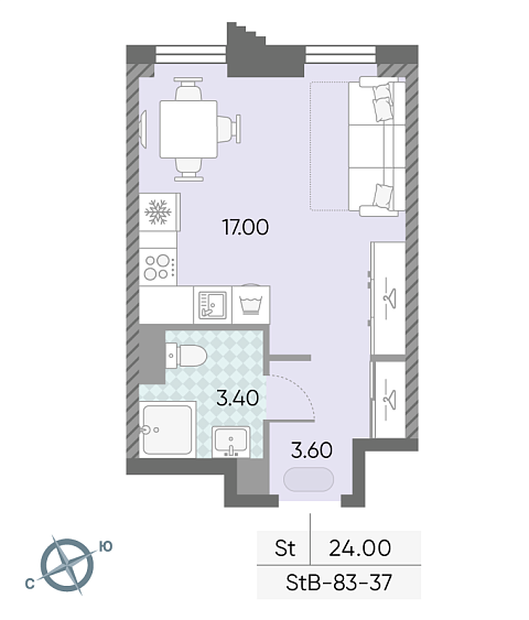 студия, 24 м², 37 этаж 