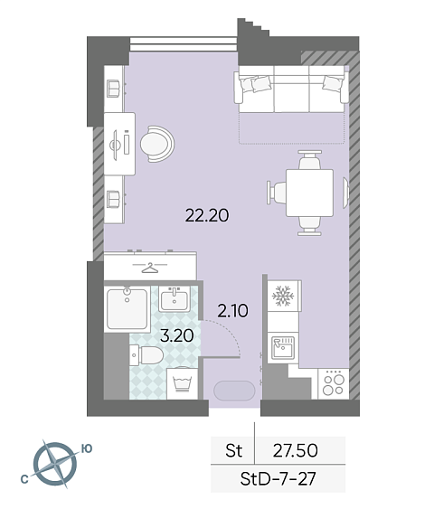 студия, 27.5 м², 27 этаж 