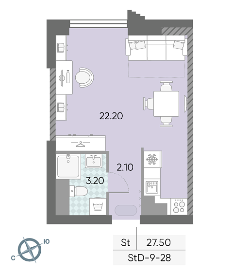 студия, 27.5 м², 28 этаж 