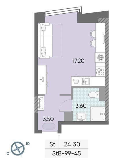 студия, 24.3 м², 45 этаж 