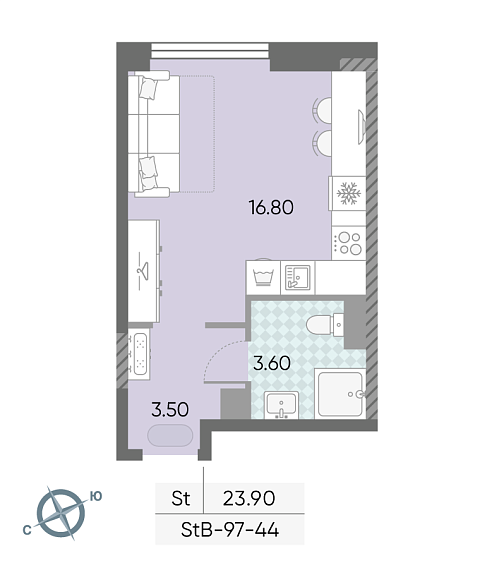 студия, 23.9 м², 44 этаж 