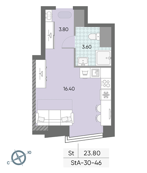 студия, 23.8 м², 46 этаж 