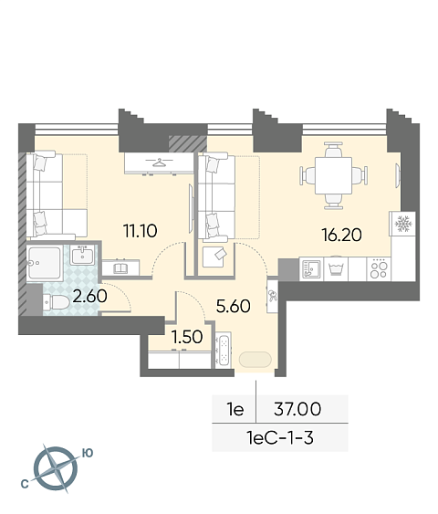 студия, 37 м², 3 этаж 