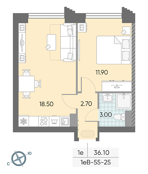 студия, 36.1 м², 25 этаж 