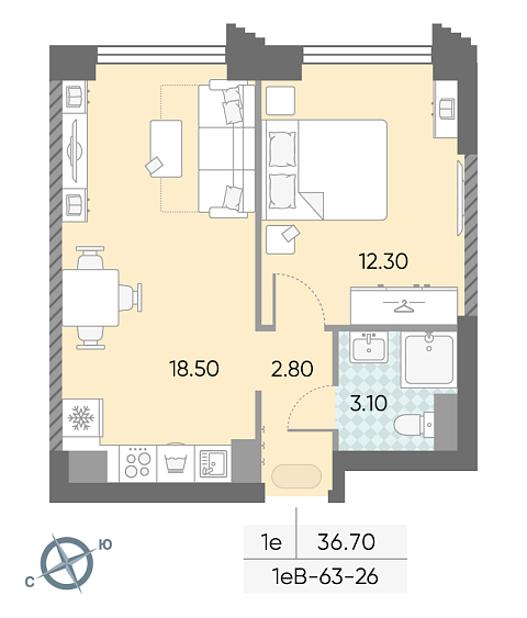 студия, 36.7 м², 26 этаж 