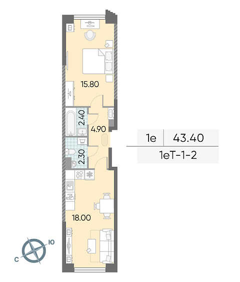 студия, 43.4 м², 2 этаж 