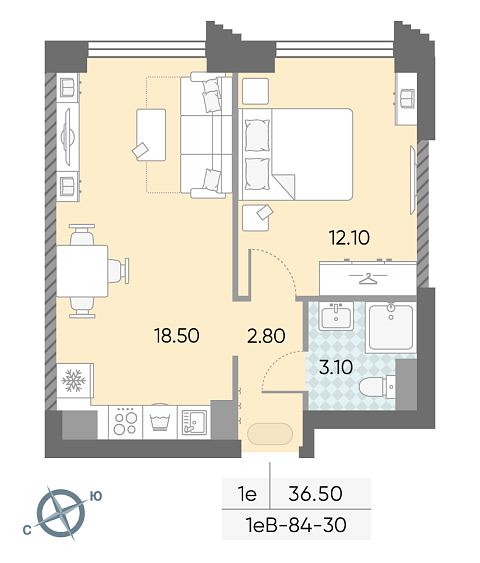 студия, 36.5 м², 30 этаж 