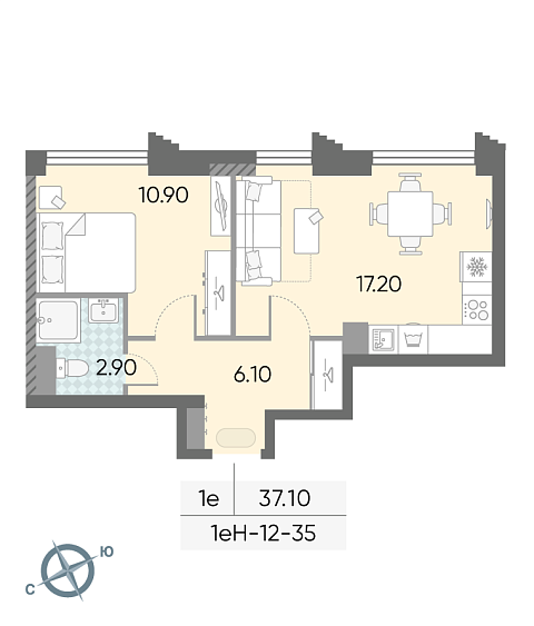 студия, 37.1 м², 35 этаж 
