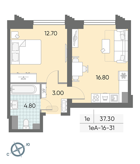 студия, 37.3 м², 31 этаж 