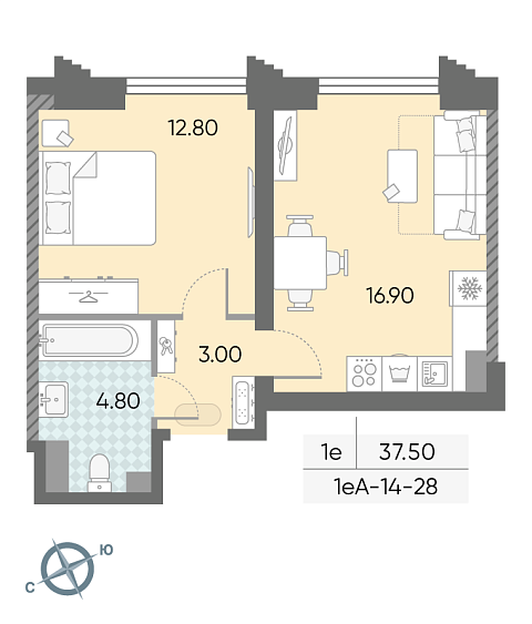 студия, 37.5 м², 28 этаж 