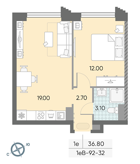 студия, 36.8 м², 32 этаж 