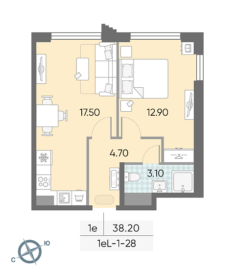 студия, 38.2 м², 28 этаж 