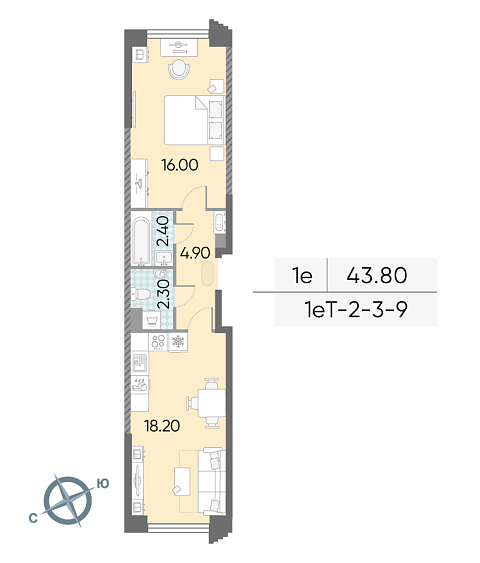 студия, 43.8 м², 7 этаж 