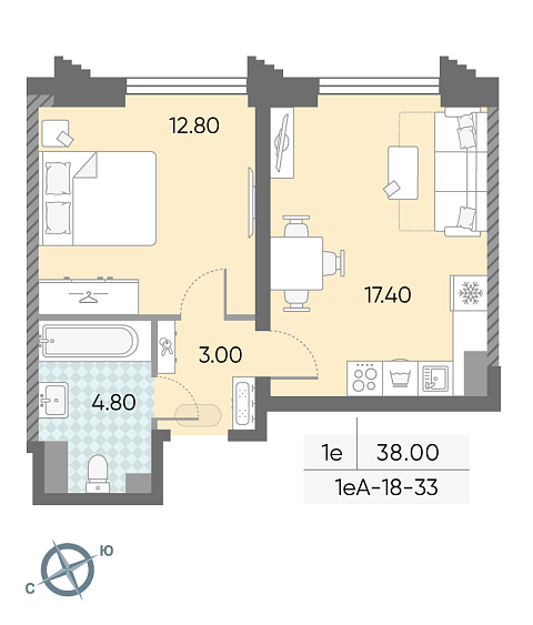 студия, 38 м², 33 этаж 