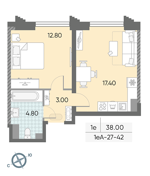студия, 38 м², 42 этаж 