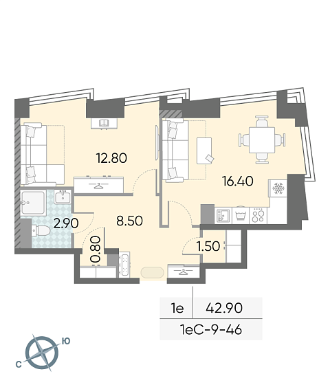 студия, 42.9 м², 46 этаж 