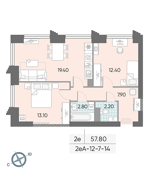 1 комн. квартира, 57.8 м², 9 этаж 