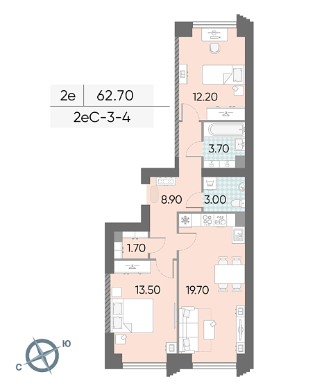 1 комн. квартира, 62.7 м², 4 этаж 