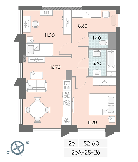 1 комн. квартира, 52.6 м², 26 этаж 