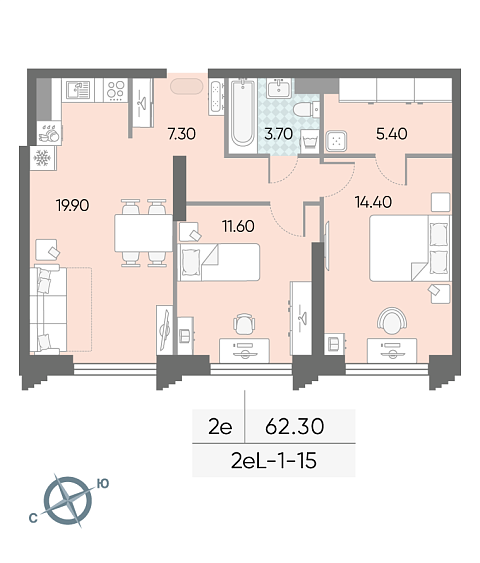 1 комн. квартира, 62.3 м², 15 этаж 