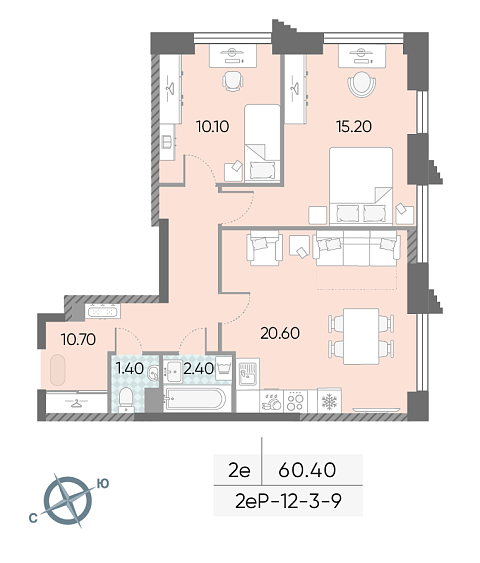 1 комн. квартира, 60.5 м², 5 этаж 