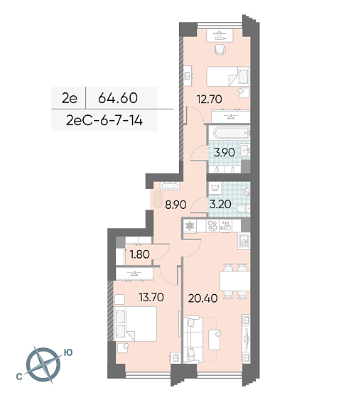 1 комн. квартира, 64.6 м², 12 этаж 