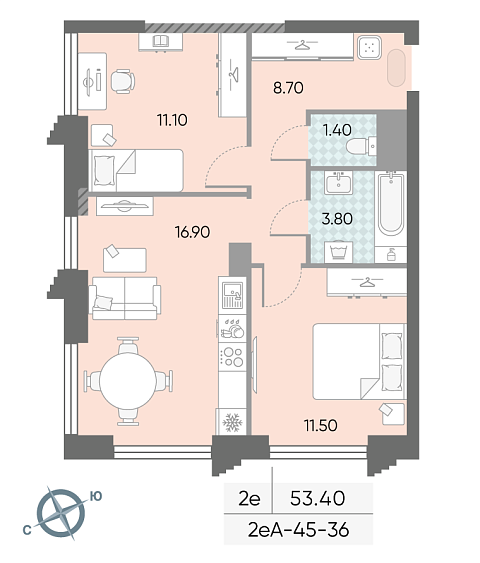 1 комн. квартира, 53.4 м², 36 этаж 