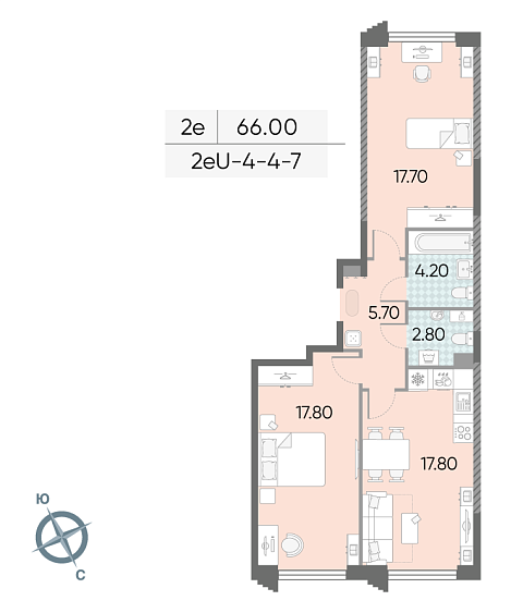 1 комн. квартира, 66 м², 4 этаж 