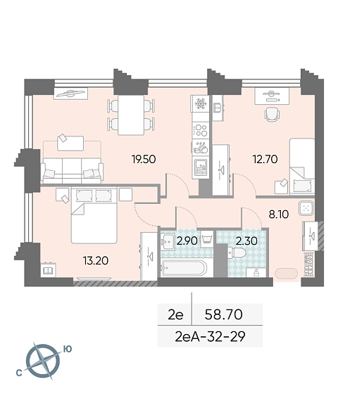 1 комн. квартира, 58.7 м², 29 этаж 