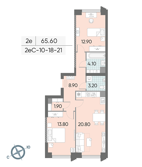 1 комн. квартира, 65.6 м², 21 этаж 