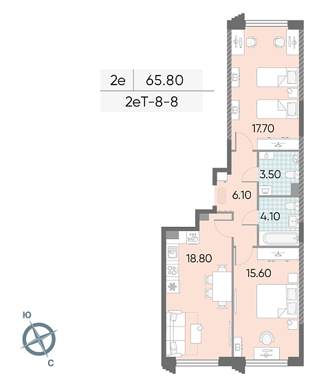 1 комн. квартира, 65.8 м², 8 этаж 