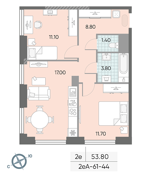 1 комн. квартира, 53.8 м², 44 этаж 