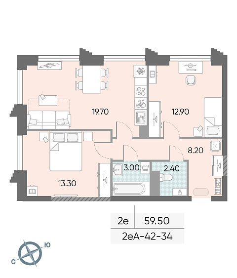 1 комн. квартира, 59.5 м², 34 этаж 