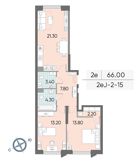 1 комн. квартира, 66 м², 15 этаж 