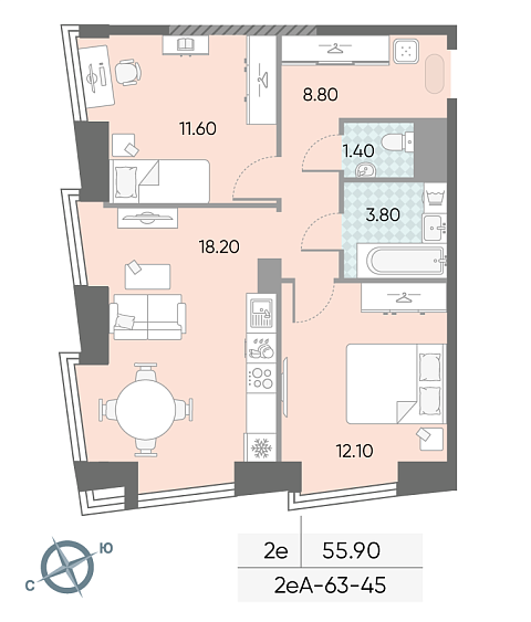 1 комн. квартира, 55.9 м², 45 этаж 