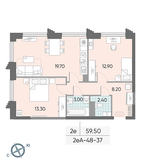 1 комн. квартира, 59.5 м², 37 этаж 