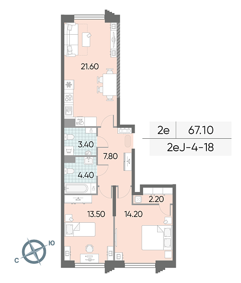 1 комн. квартира, 67.1 м², 18 этаж 