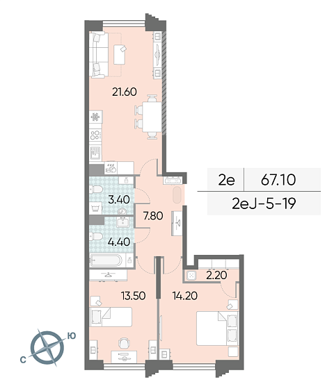 1 комн. квартира, 67.1 м², 19 этаж 