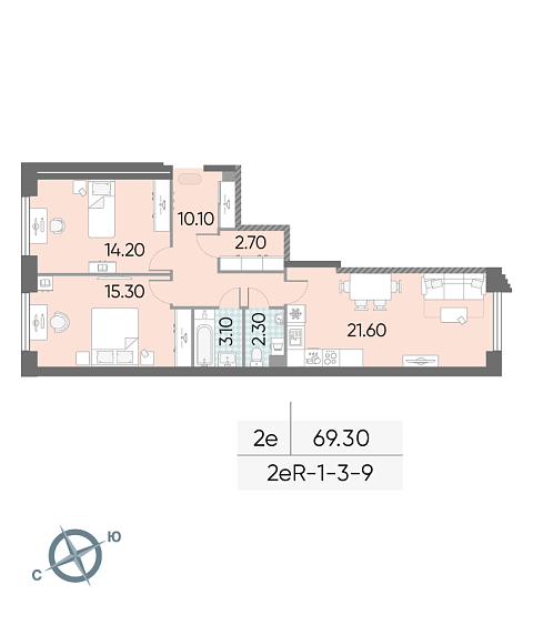 1 комн. квартира, 69.3 м², 9 этаж 